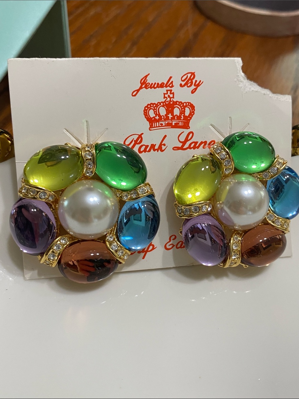 Park Lane Gold-Tone Multicolor Cabochon Cluster Earrings with Pearl Centers